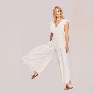 New Sz 0 white playful  casual ruffle wide legs Swiss polka dots luxury jumpsuit